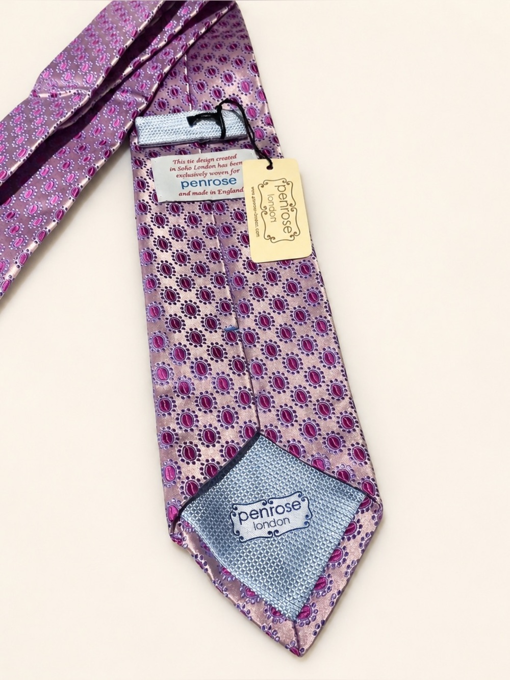 Penrose London 100% Silk Tie Pink Lavender Medallion Made in England NWT